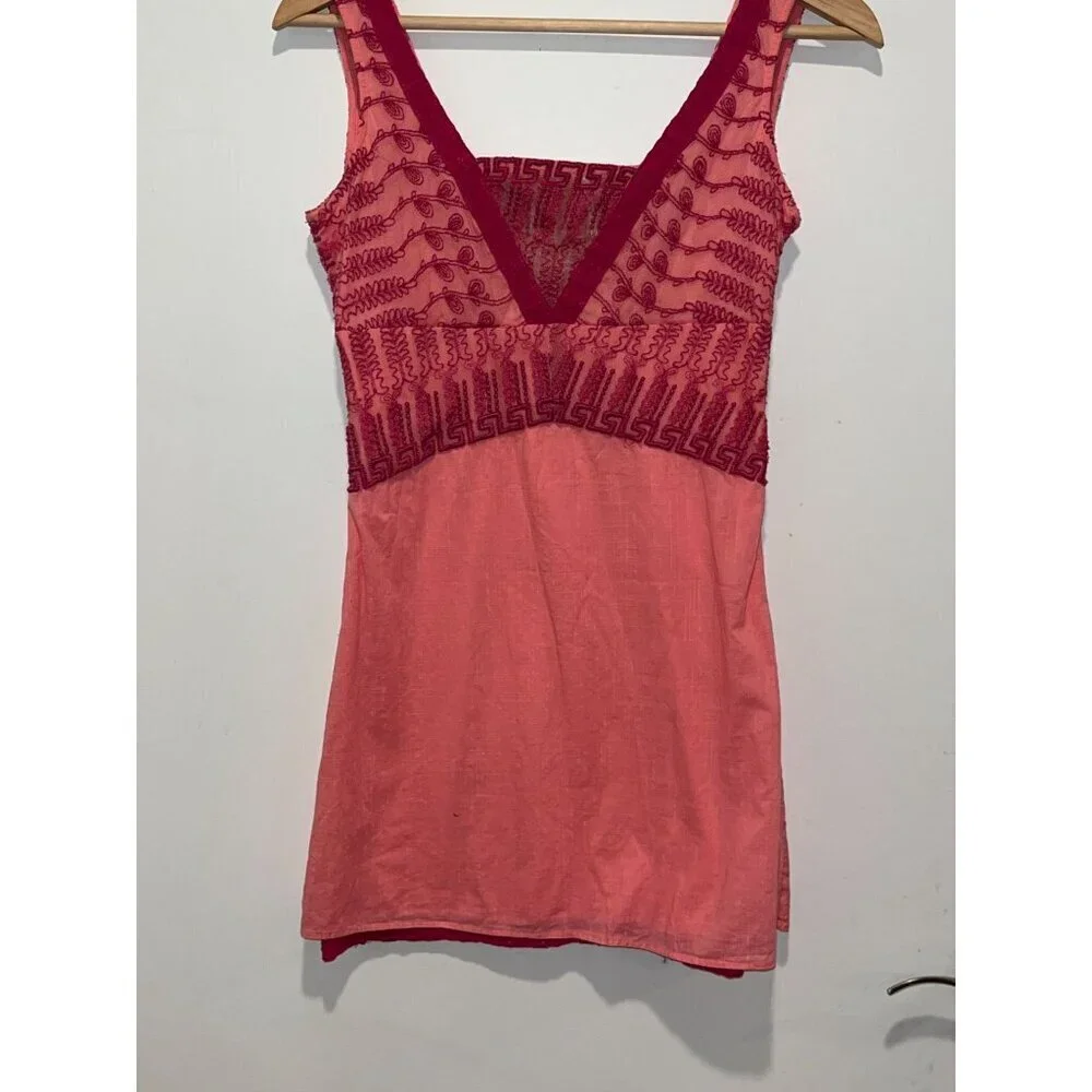 Free People Tunic Dress Women 8  Pink Embroidered Boho Y2K V-Neck Cotton/Nylon